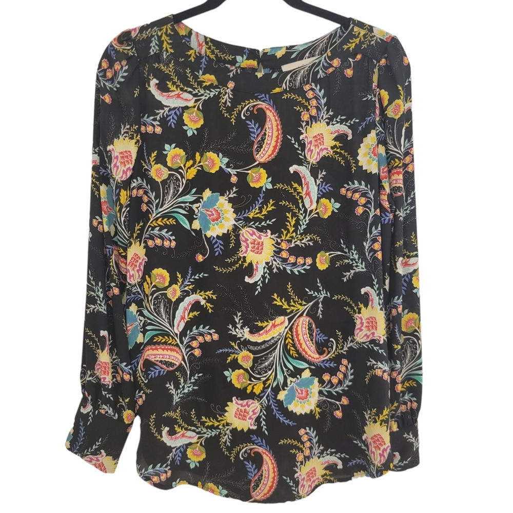 Loft Crew Neck Black Floral Paisley Long Sleeve Blouse